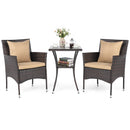 3 Pieces Patio Furniture Set with Cushioned Patio Chairs and Tempered Glass Coffee Table-Brown