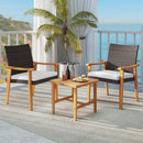 3 Pieces Patio PE Wicker Furniture Set Acacia Wood Outdoor Conversation Bistro Set-White