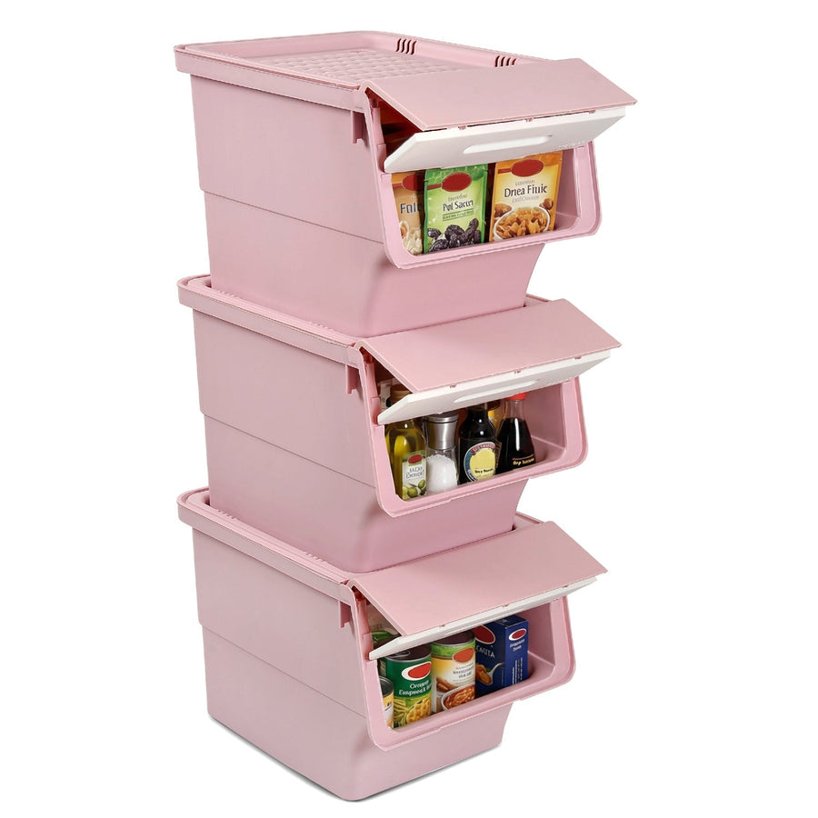 3 Pieces Storage Bins on Wheels Stackable Plastic Boxes with Stay-Open Lid (M)