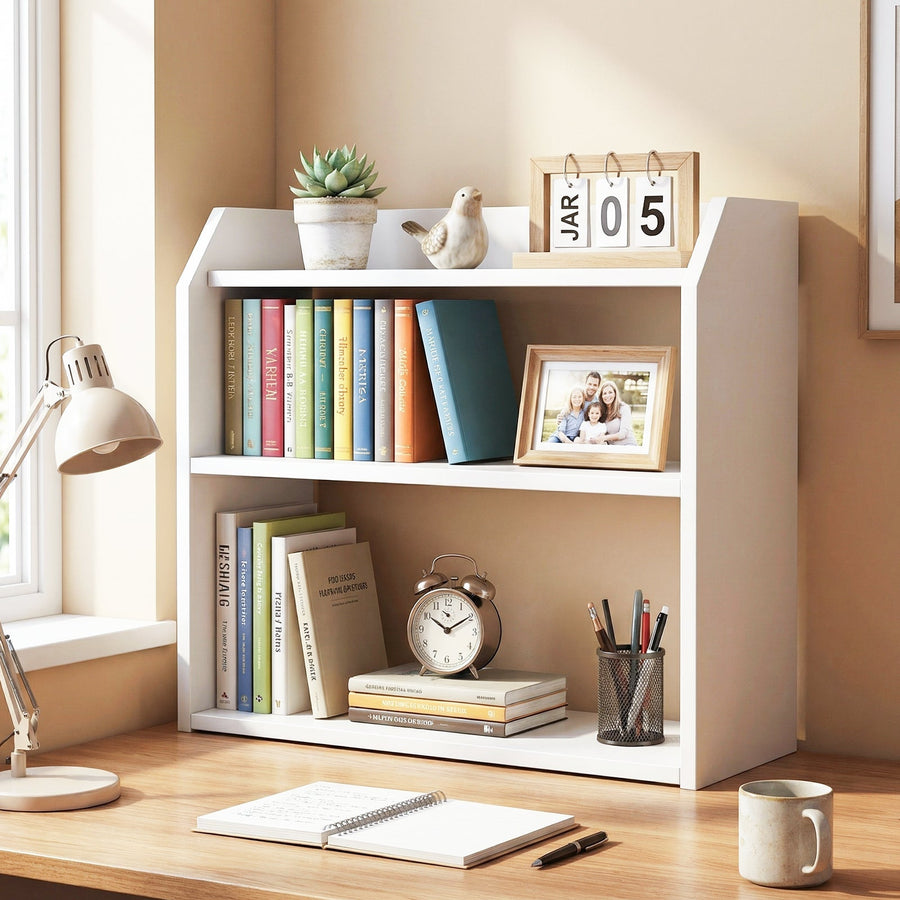 3-Tier Desktop Bookshelf Wooden Countertop Bookcase with Raised Top Guardrails-White