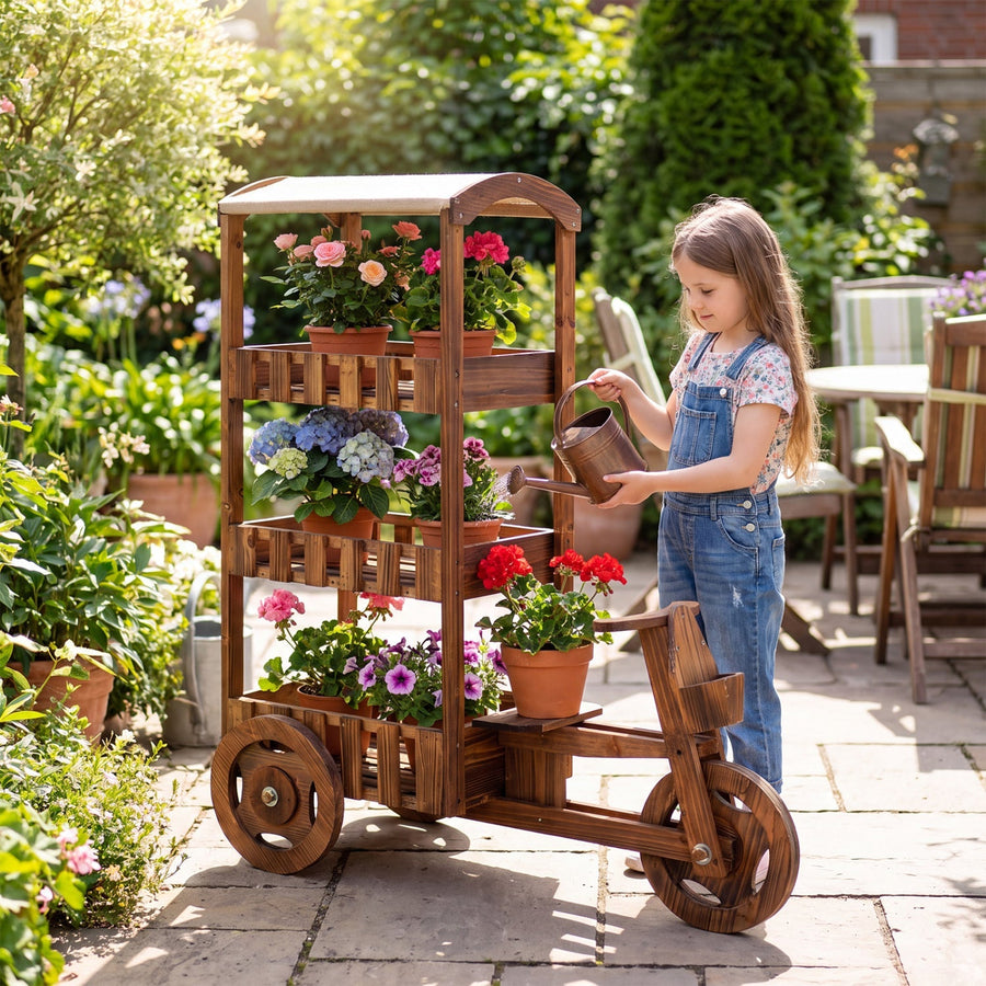 3-Tier Wooden Plant Stand with Canopy and Wheels