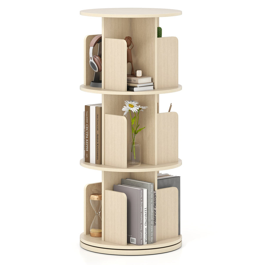 3-Tier Rotating Bookshelf with Dividers and Anti-falling Baffles