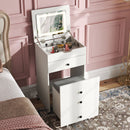 3-in-1 Small Vanity Desk Set with Flip-top Mirror and Lights with Drawers and Stool-White