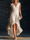 Full Size V-Neck Ruffle Hem High-Low Dress Plus Size