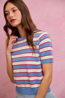 SO ME Stripe Knit Crew Neck Short Sleeves Sweater Top