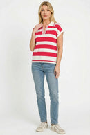 Zenana Striped Collared Short Sleeve Sweater