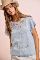 BiBi Washed Eyelet Short Sleeve Breathable Knit Top