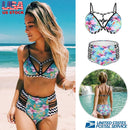 Bikini Swimsuit For Women Floral Padded Push Up Bikini Sets Two Pieces High-Waist Swimwear w/ Adjustable Shoulder Straps For Beach Swimming Pool
