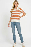 Zenana Striped Collared Short Sleeve Sweater