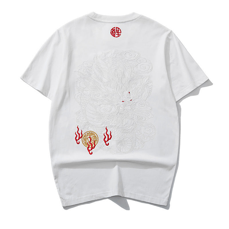 Embroidered Dragon Pattern Round Neck Cotton T-shirt