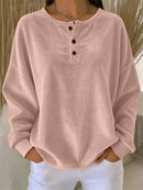 Women's Loose-fitting Round-neck Solid-color Button Sweatshirt