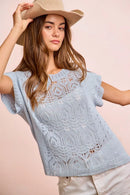 BiBi Washed Eyelet Short Sleeve Breathable Knit Top