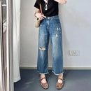 Comfortable Casual Washed Versatile Blue Capri-length Jeans For Outerwear