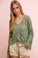 BiBi Pointelle Knit V Neck Ruched Front Lightweight Top