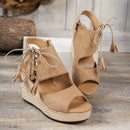 Women's Tassel High Heel Peep Toe Platform Muffin Wedge Sandals