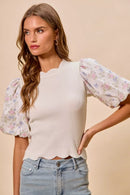 SO ME Floral Cotton Contrast Sleeves Scallop Sweater Top