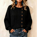 Womens Knitted Casual Comfortable Long-Sleeve T-Shirt With Buttons