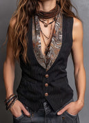 V-neck Button-down Sleeveless Slim-fit Short Vest