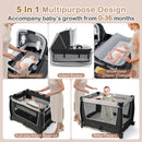 4-in-1 Convertible Portable Baby Play Yard with Toys and Music Player-Gray