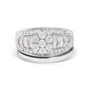 14K White Gold 1.0 Cttw Round and Baguette Diamond Cluster Bridal Set