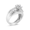 14K White Gold 1.0 Cttw Round and Baguette Diamond Cluster Bridal Set