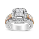 14K White and Rose Gold 1 1/8 Cttw Princess and Round-Cut Diamond Art Deco Style Triple Shank Halo Cocktail Ring (I-J Color, SI2-I1 Clarity) - Size 7