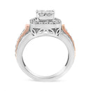 14K White and Rose Gold 1 1/8 Cttw Princess and Round-Cut Diamond Art Deco Style Triple Shank Halo Cocktail Ring (I-J Color, SI2-I1 Clarity) - Size 7