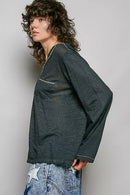 POL Contrast Stitch V-Neck Lightweight Knit Long Sleeve Top