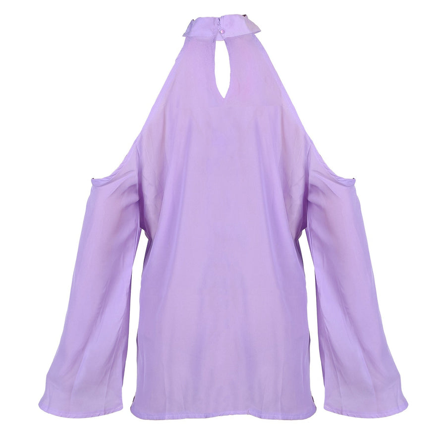 Women\'s Sexy Off The Shoulder Blouses Cold Shoulder Tops V-Neck Long Sleeve T-Shirt Solid Color Summer