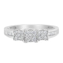 10K White Gold 1/2 Cttw Brilliant & Baguette Cut Diamond 3 Stone Design with 3 Square Clusters Engagement Ring (H-I Color, SI2-I1 Clarity) - Size 6-3/4