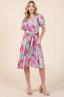 Lime 'N' Chili Watercolor Print Tie Front Midi Dress