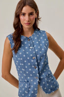 SO ME Polka Dot Denim Scallop Edge Button Down Vest Top
