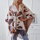 Drizzle-Color Leopard-Print Knitted Tassel CapeShoulder Wrap For Women