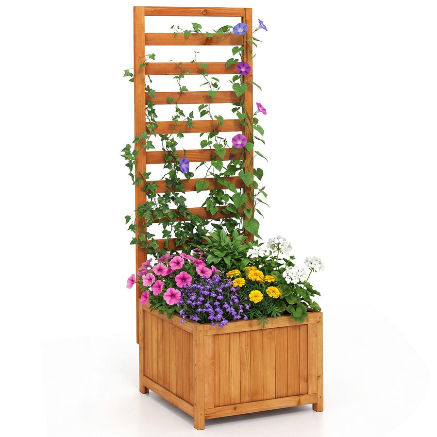 48 Inch Wood Raised Garden Bed with Trellis with Drainage Holes-Natural
