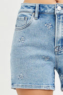 RISEN High Rise Denim Shorts with Embroidered Detail