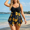 Sunflower print skirt style swimsuit with mesh splicing swimsuit