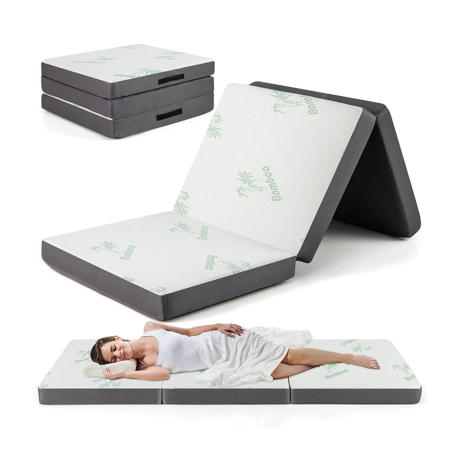 4 Inch Tri-Fold Foam Mattress with Washable Cover for Yoga Guest Mat-Gray
