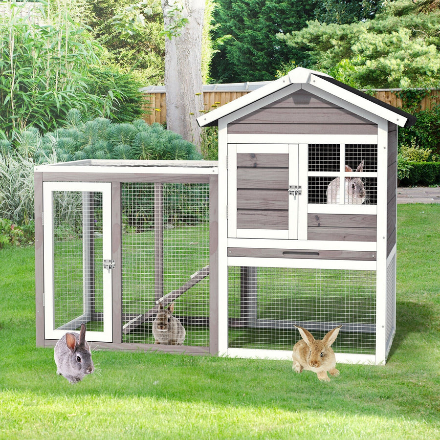 2-Story Wooden Rabbit Hutch with Running Area-Gray