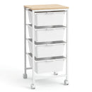 4-Drawer Rolling Storage Cart Mobile Utility Organizer with Wooden Tabletop and Lockable Wheels-White