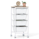 4-Drawer Rolling Storage Cart Mobile Utility Organizer with Wooden Tabletop and Lockable Wheels-White