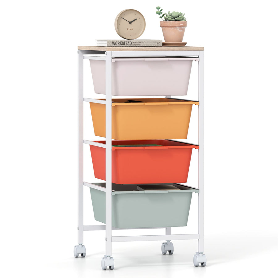 4-Drawer Rolling Storage Cart Mobile Utility Organizer with Wooden Tabletop and Lockable Wheels-White