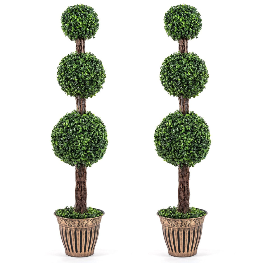 4 FT Artificial Triple Ball Boxwood Tree with Cement-filled Retro Planter Set of 2