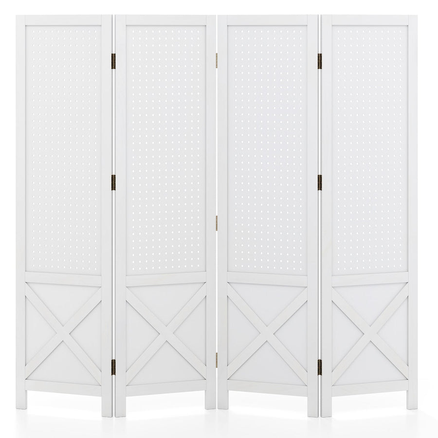 4-Panel Pegboard Display Stand Folding Room Divider with Solid Wood Frame-White