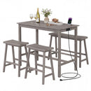 4-Piece Counter Height Dining Table Set with Power Outlet Solid Rubber Wood Kitchen Table