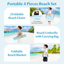 4 Pieces Beach Umbrella Set with 2 Foldable Chairs and Picnic Blanket