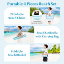 4 Pieces Beach Umbrella Set with 2 Foldable Chairs and Picnic Blanket