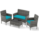 4 Pieces Patio Rattan Conversation Set with Tempered Glass Coffee Table