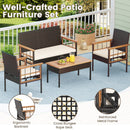 4 Pieces Wicker Furniture Set with Acacia Wood Tabletop and Armrests for Porch-White