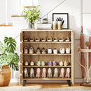 4-Tier Shoe Cabinet 2-Door Storage Organizer with Louvered Door-Natural