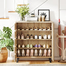 4-Tier Shoe Cabinet 2-Door Storage Organizer with Louvered Door-Natural
